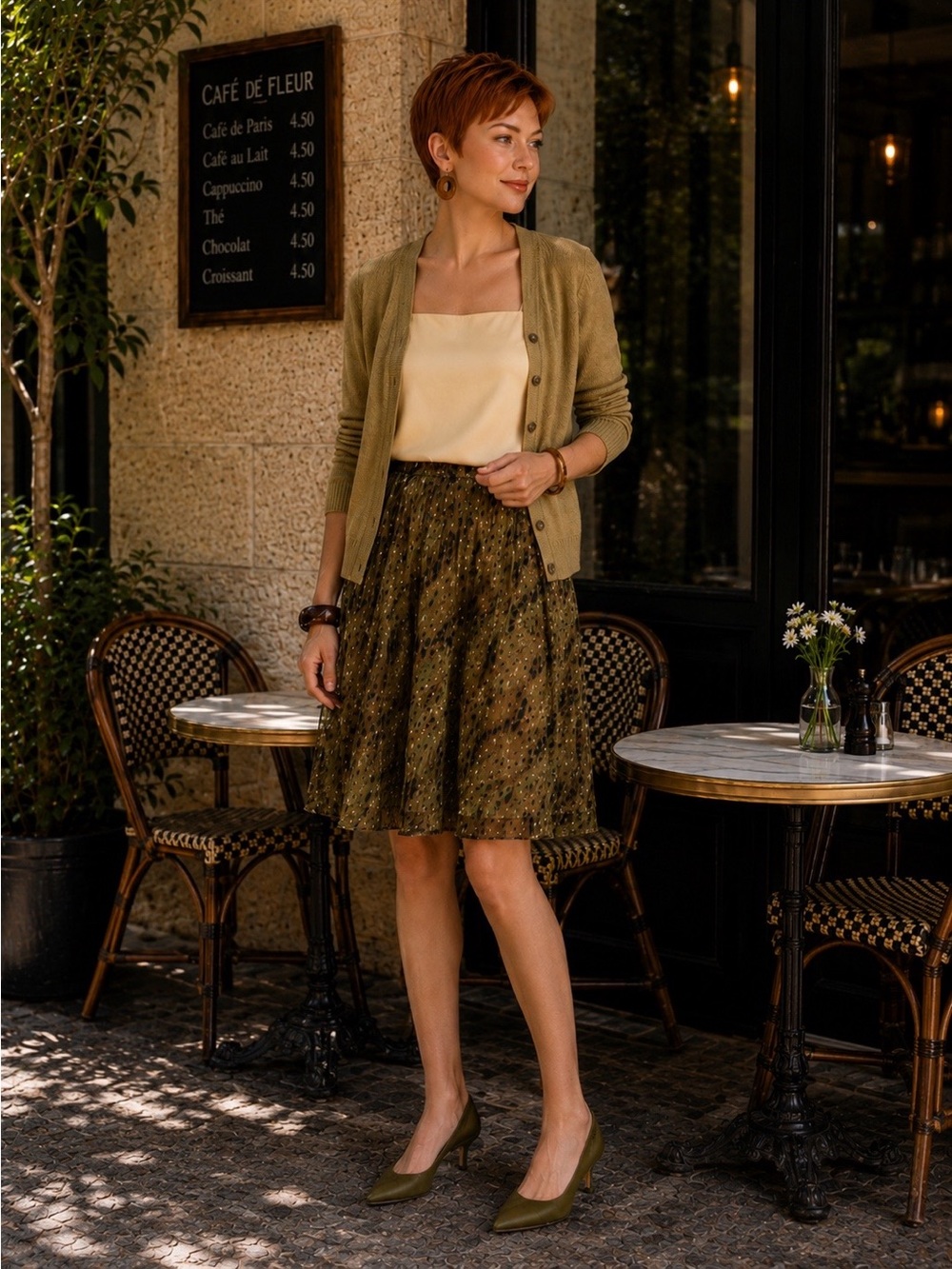 100% Silk Green Camouflage Ruffled Skirt with Matching greenish/brown cardigan